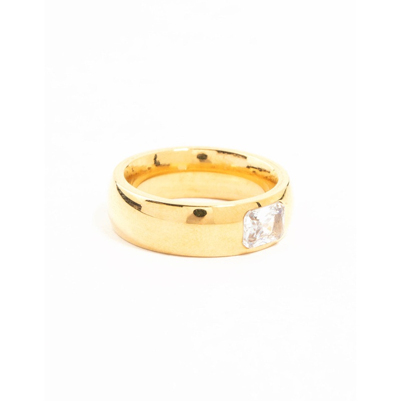 Waterproof Gold Plated Stainless Steel Wide Band Cubic Zirconia Ring