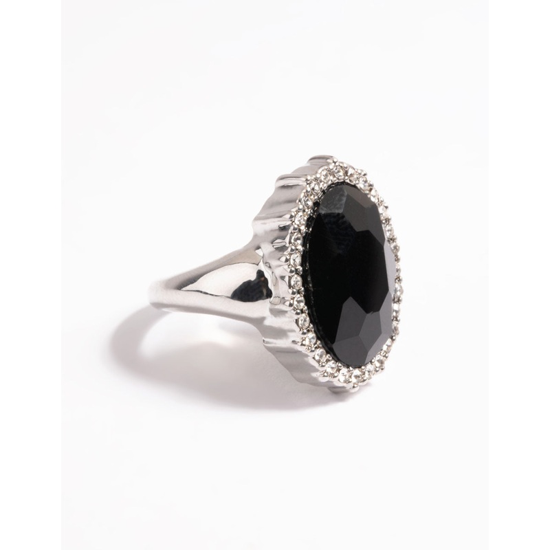 Rhodium Large Oval with Halo Ring