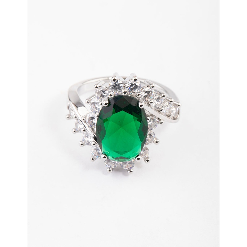 Silver Cubic Zirconia Vintage Green Oval Ring