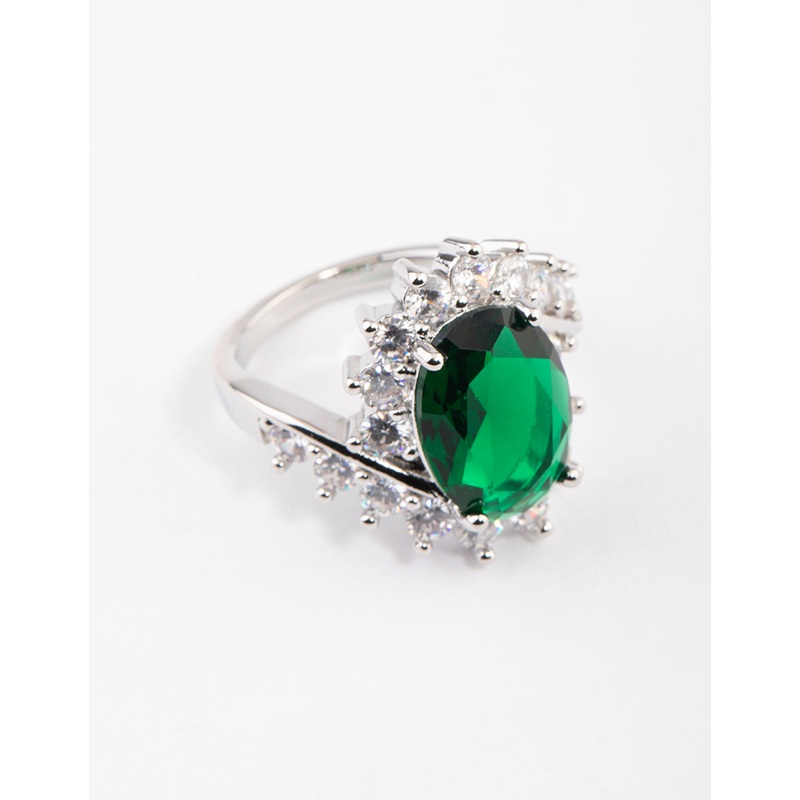 Silver Cubic Zirconia Vintage Green Oval Ring