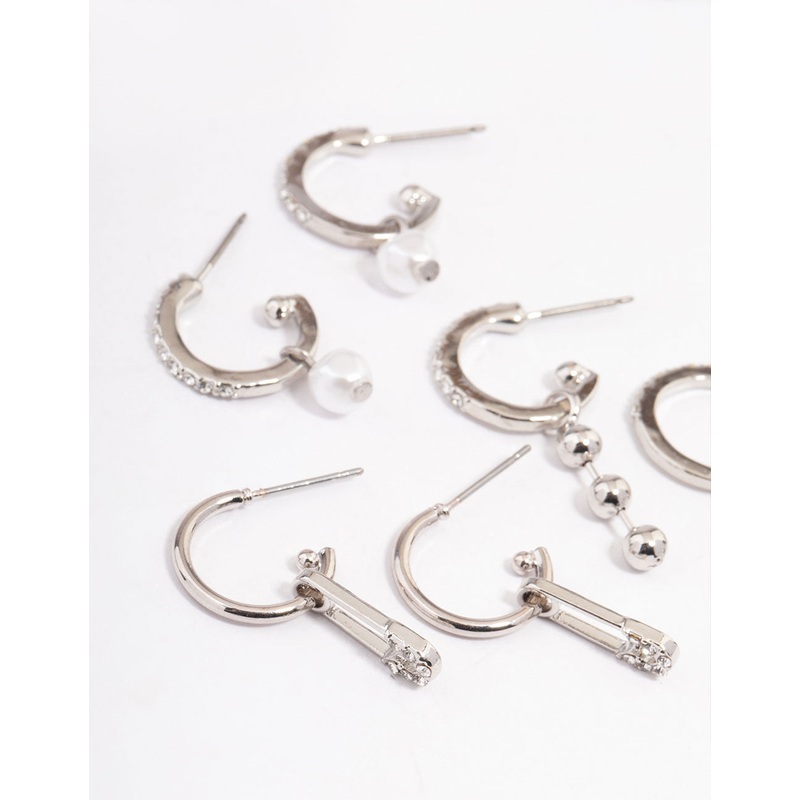 Silver Safety Pin Stacker Earrings