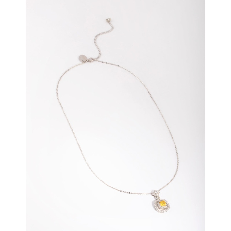 Silver Yellow Diamond Simulant Square Pendant Necklace