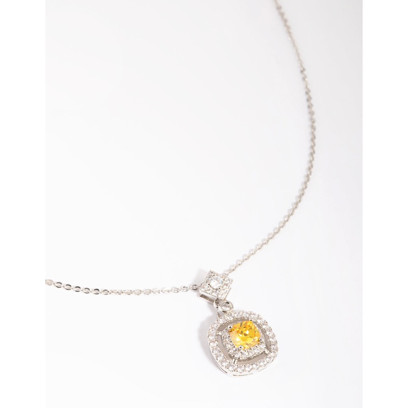 Silver Yellow Diamond Simulant Square Pendant Necklace