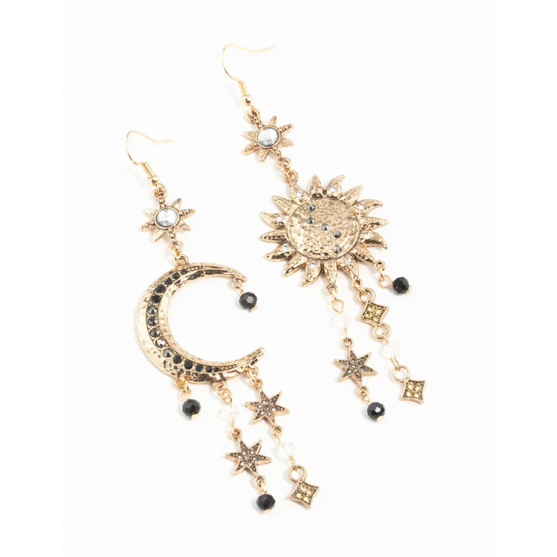 Antique Gold Celestial Grey Black Gem Earrings