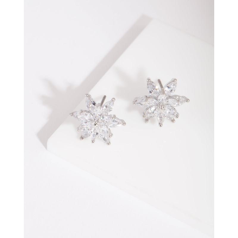 Silver Diamond Simulant Elegant Flower Stud Earring