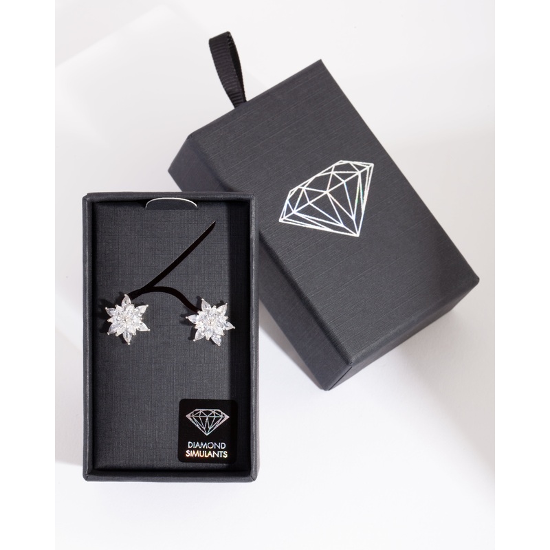 Silver Diamond Simulant Elegant Flower Stud Earring