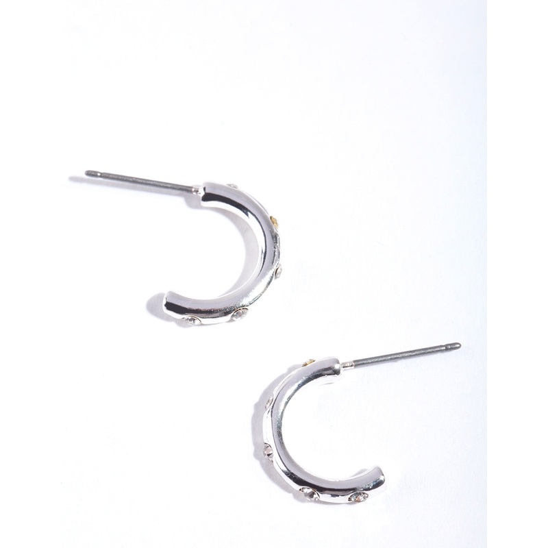 Silver Simple Diamante Half Hoop Earrings
