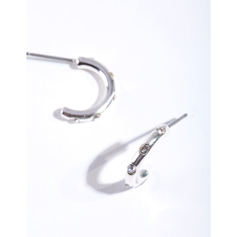 Silver Simple Diamante Half Hoop Earrings