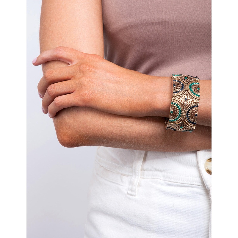 Antique Gold Green Filigree Diamante Stretch Bracelet