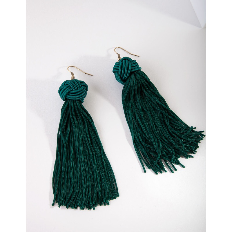 Emerald Green Plait Ball Tassel Earrings