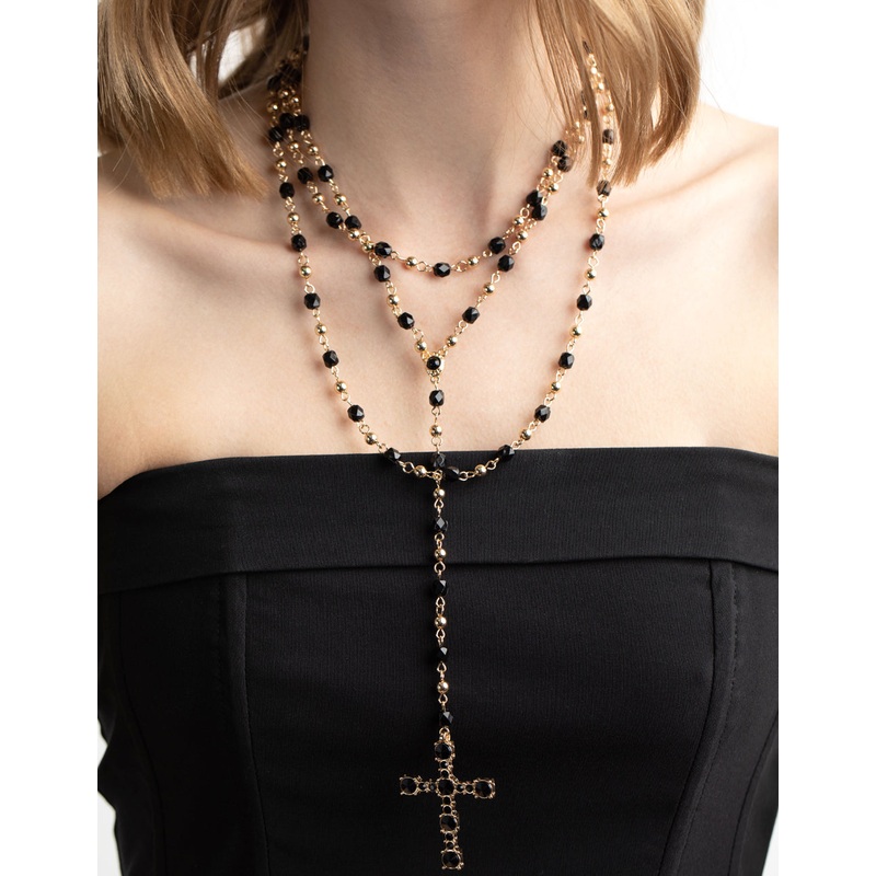 Black Beaded Cross Necklace
