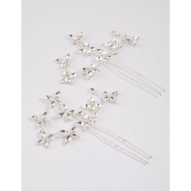 Silver Flower Leaf Diamante Hair Pin Pack