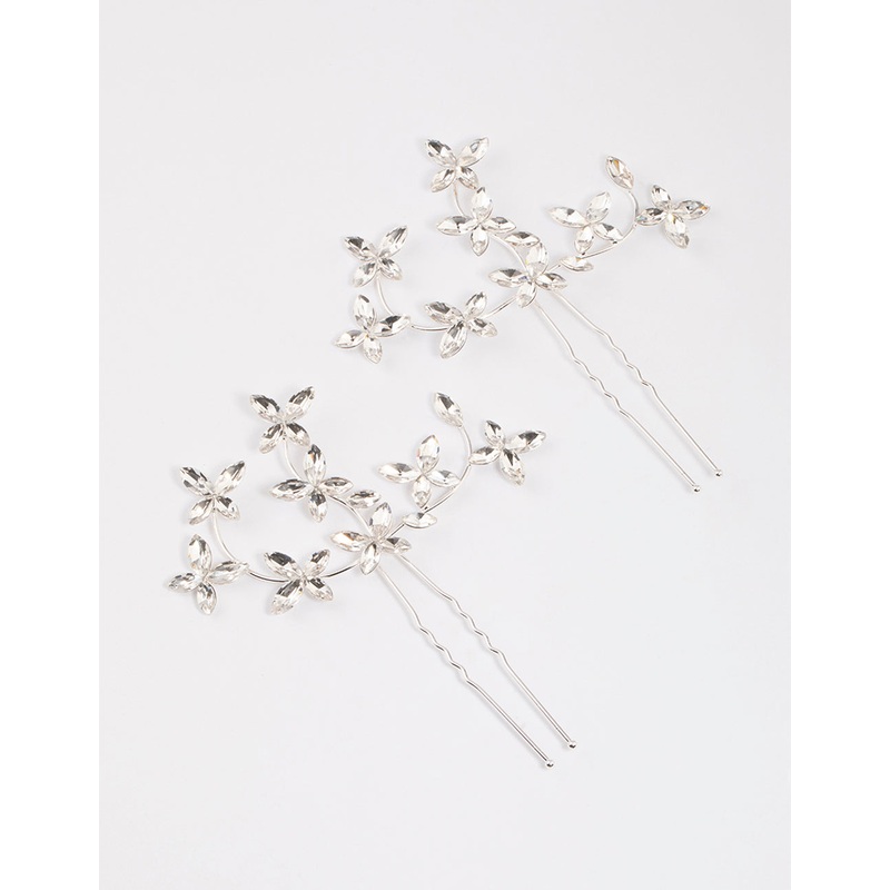 Silver Flower Leaf Diamante Hair Pin Pack
