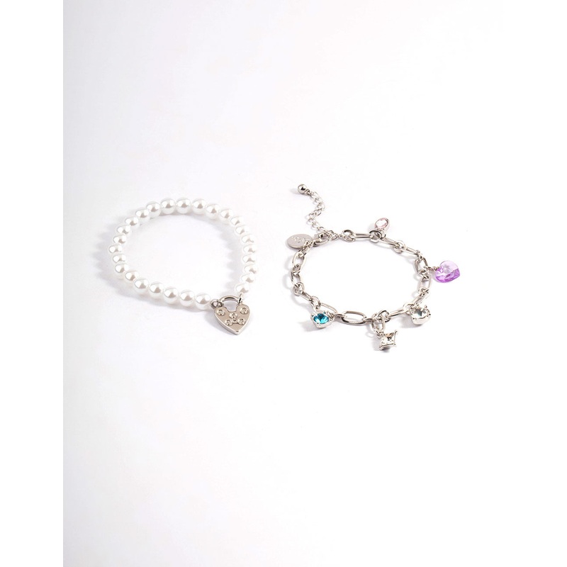 Silver Pearl Chain Charm Bracelet