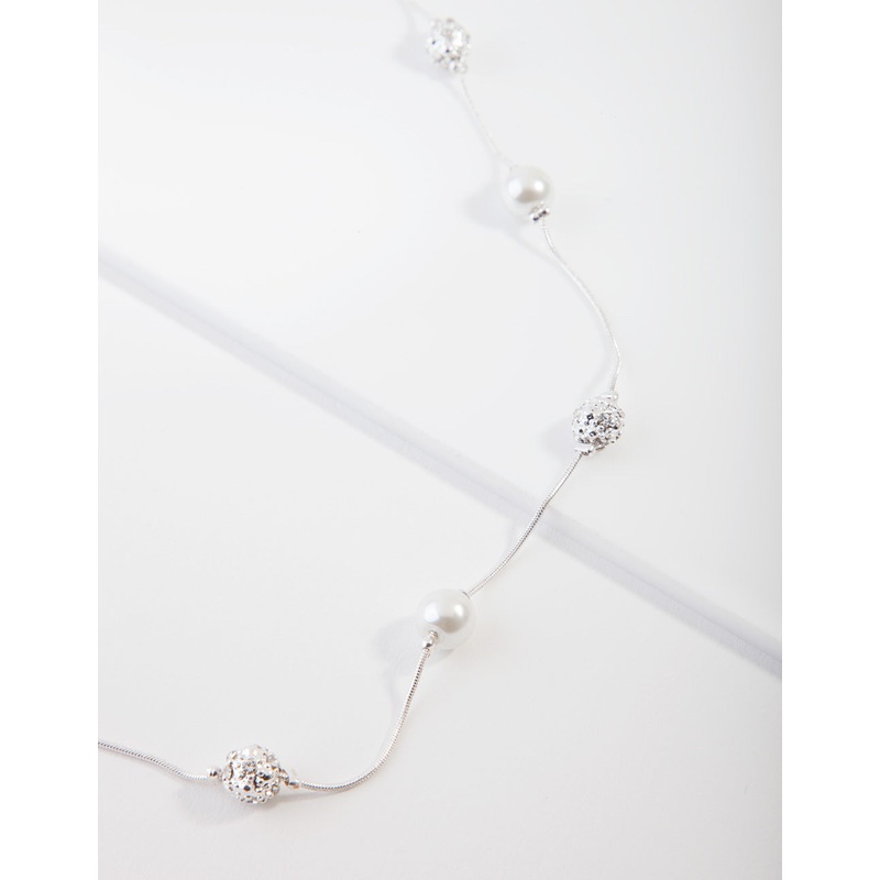 Silver Diamante & Pearl Bead Station Necklace