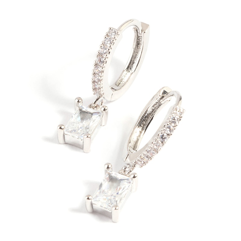 Silver Rectangular Cubic Zirconia Huggie Hoop Earrings