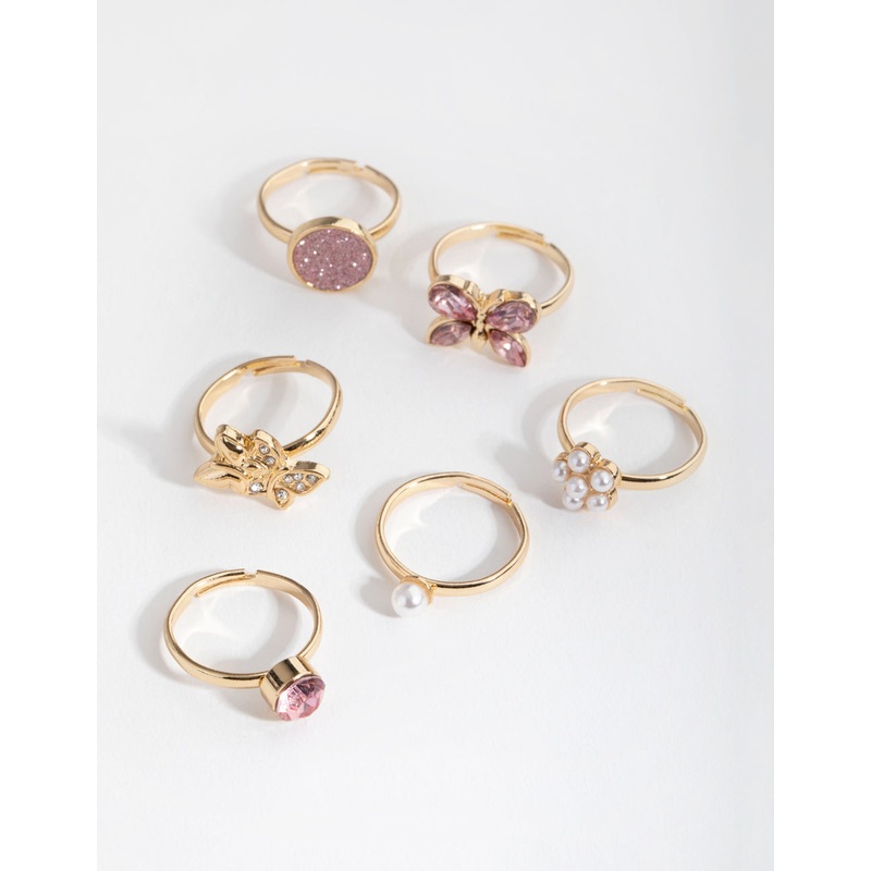 Kids Gold Butterfly & Diamante 6-Pack Rings