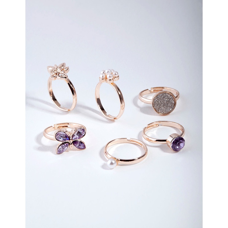 Kids Rose Gold Butterfly & Diamante Ring 6-Pack