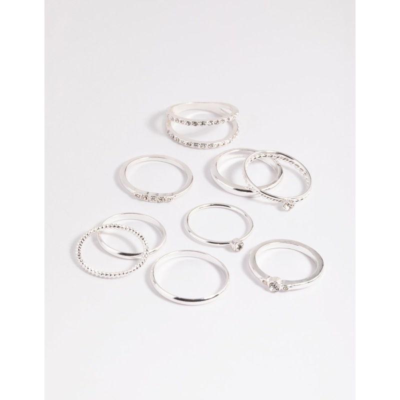 Silver Diamante Mixed Band Ring Stack Pack