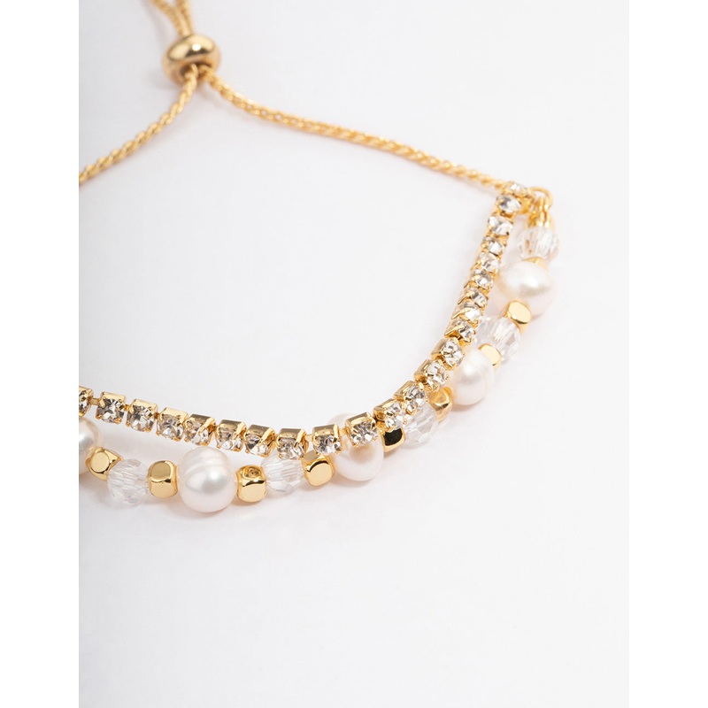 Gold Plated Freshwater Pearl & Facet Cup Chain Bracelet