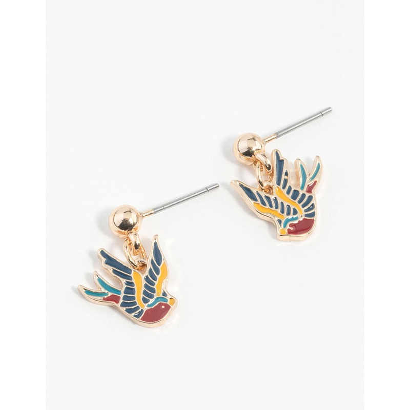Gold Tattoo Coloured Sparrow Drop Earrings