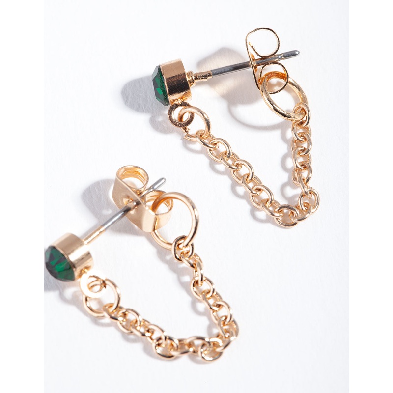 Gold Green Stone Chain Stud Earrings