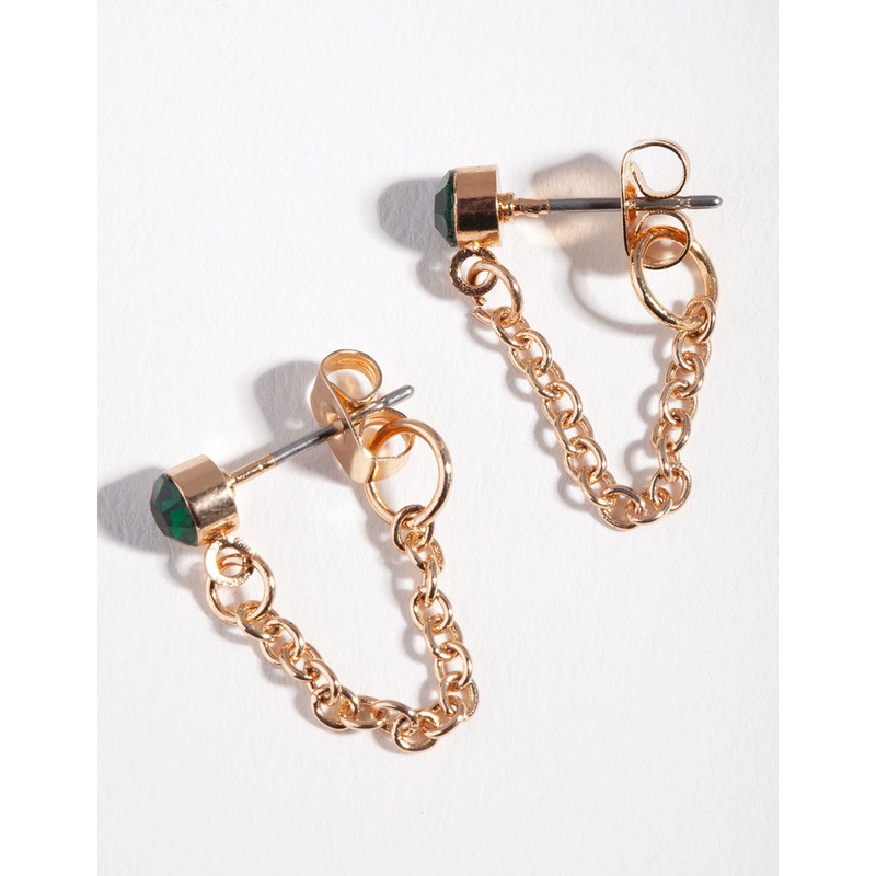Gold Green Stone Chain Stud Earrings