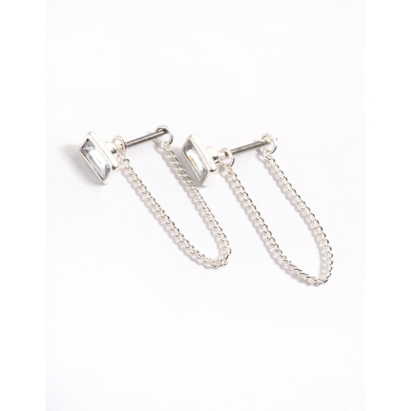 Silver Emerald Chain Front & Back Earrings