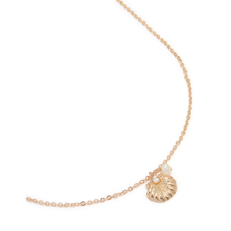 Gold Freshwater Pearl & Clam Pendant Necklace