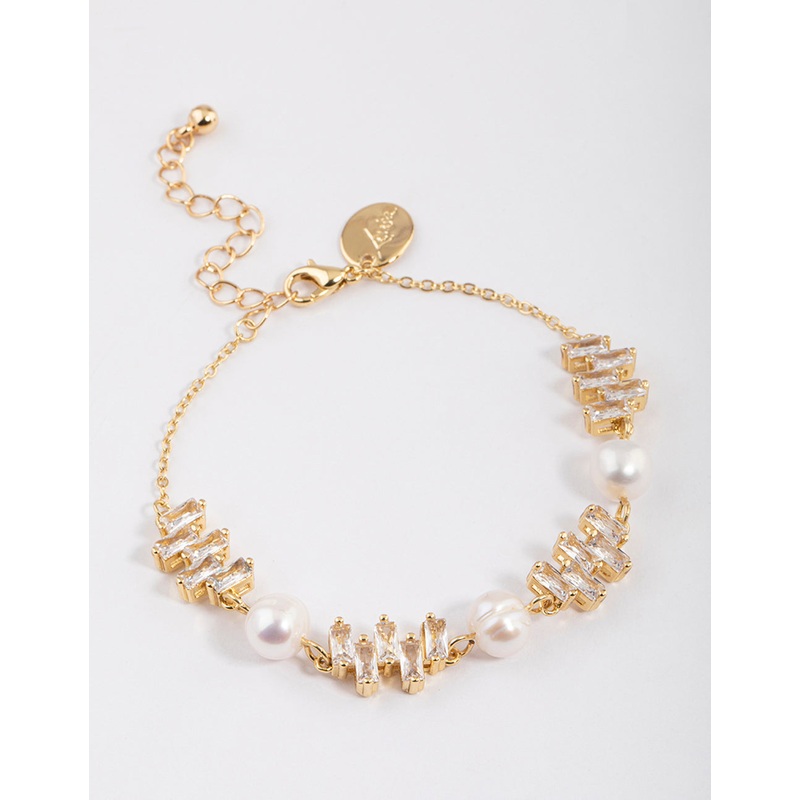 Gold Plated Cubic Zirconia Offset Baguette Freshwater Pearl Bracelet
