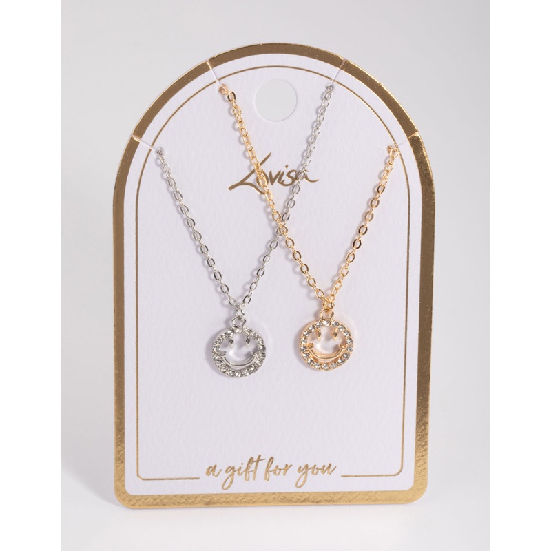 Mixed Metal Cute Diamante Smiley Necklace Pack
