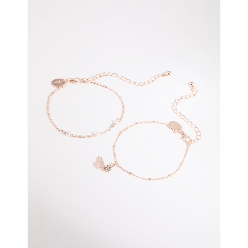 Rose Gold Pearl & Butterfly Bracelet Set