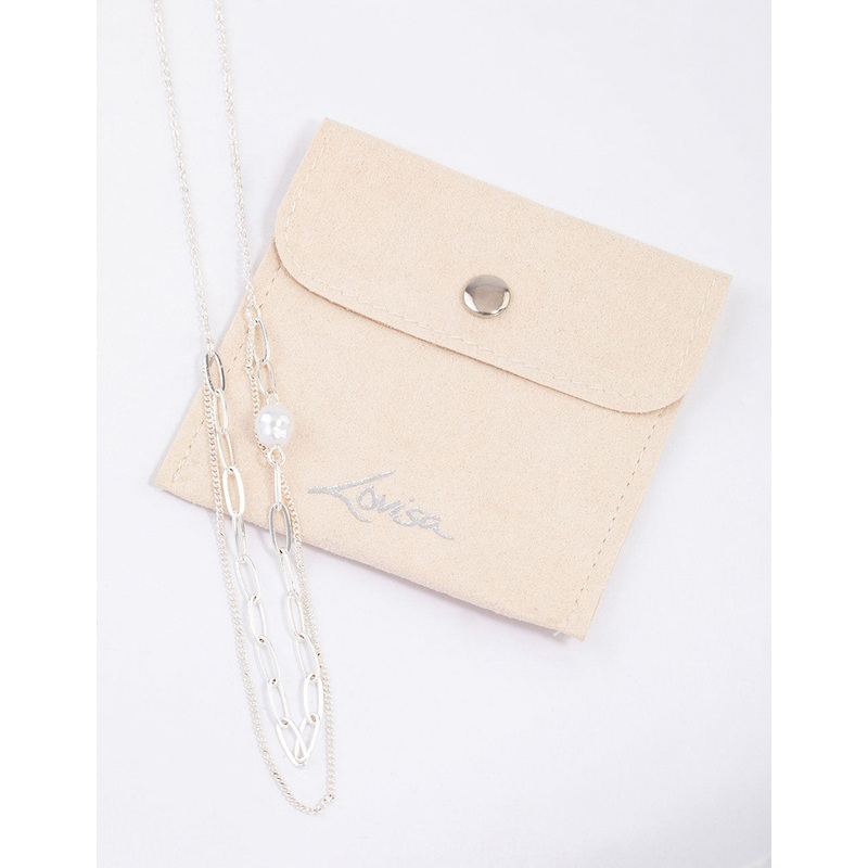 Silver Double Row Pearl Chain Necklace & Polishing Set