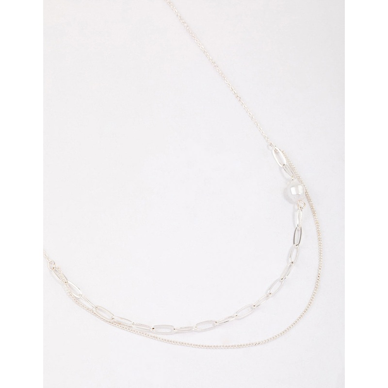 Silver Double Row Pearl Chain Necklace & Polishing Set