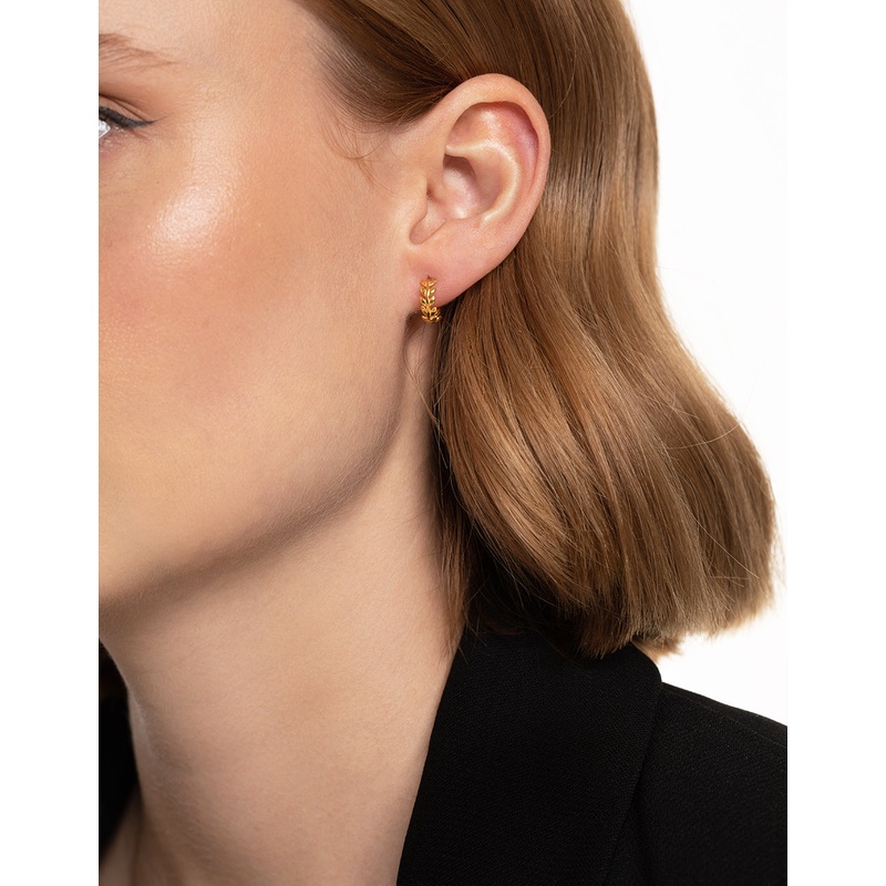 Gold Plated Sterling Silver leaf Detailed Huggie Earrings