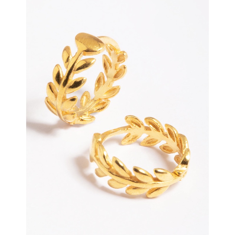 Gold Plated Sterling Silver leaf Detailed Huggie Earrings