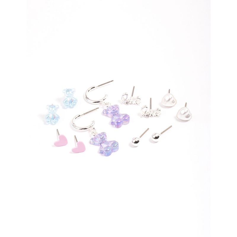 Silver Purple Cute Love Earrings 6-Pack