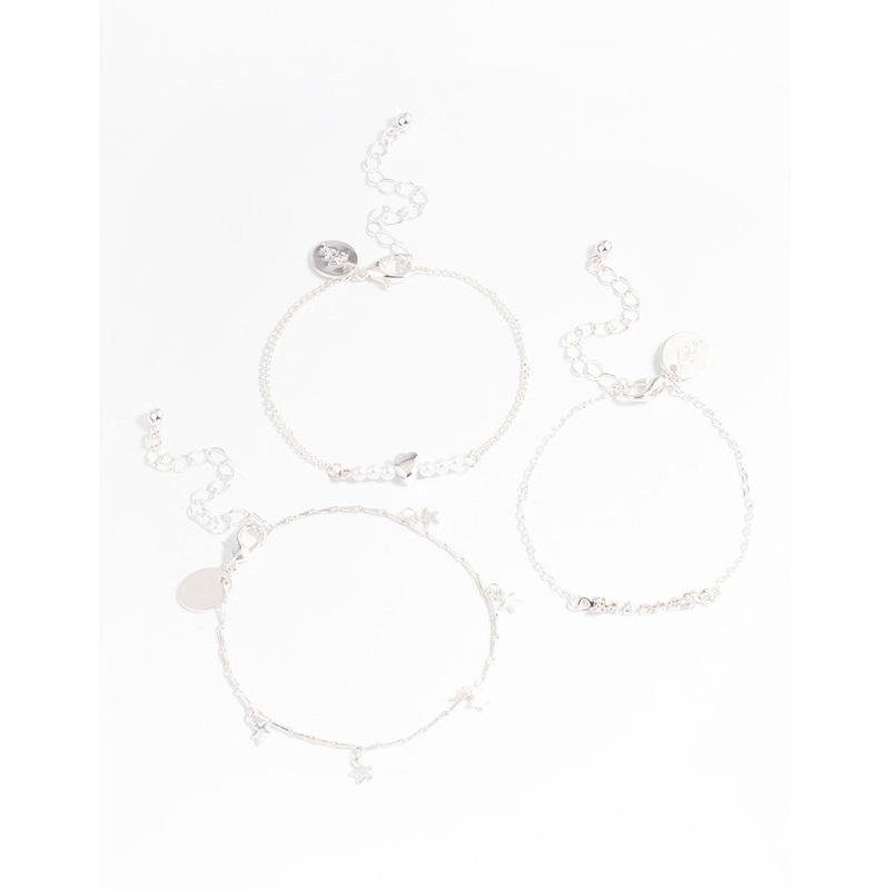 Silver Star & Heart Dainty Chain Bracelet Pack