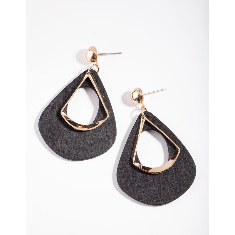 Gold Black Wide Loop Drop Earrings