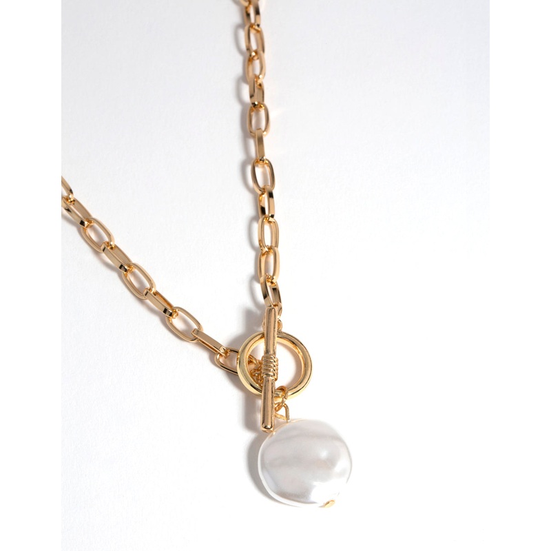 Gold Pearl Tab Bar Necklace
