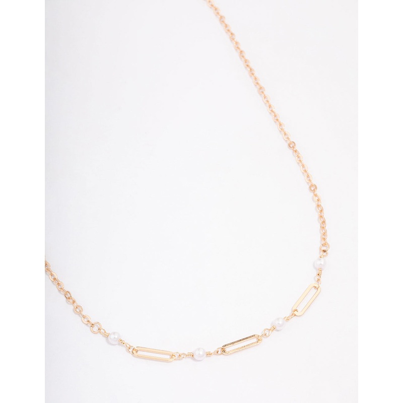 Gold Pearl Rectangle Link Short Necklace