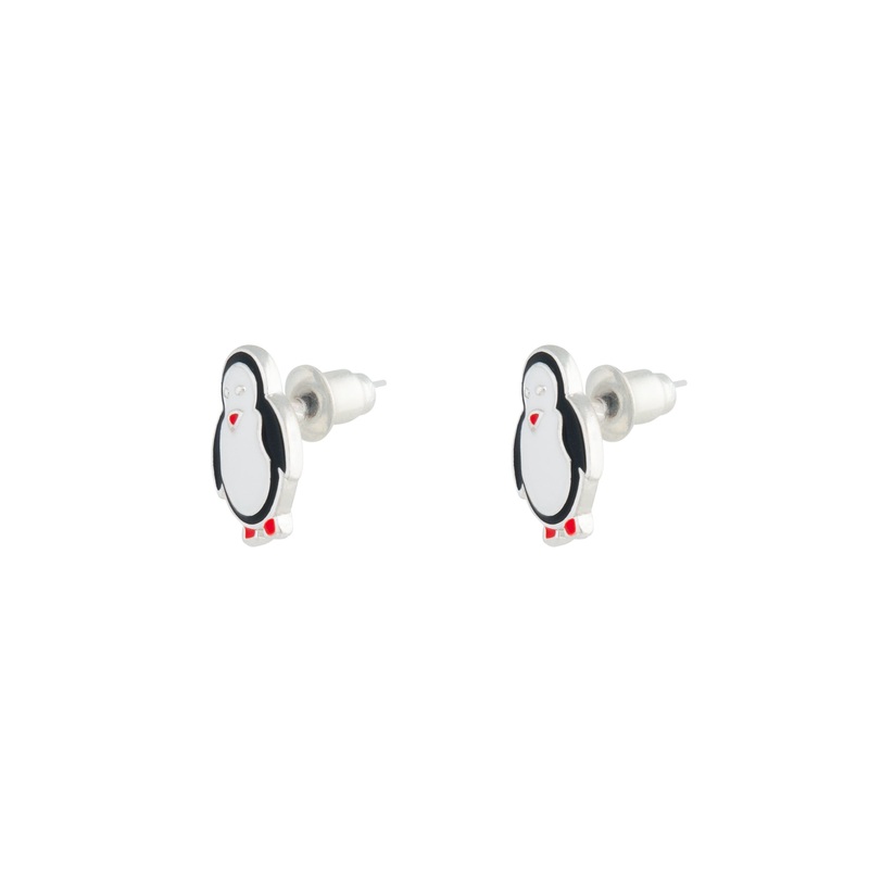 Silver Black & White Penguin Stud Earrings