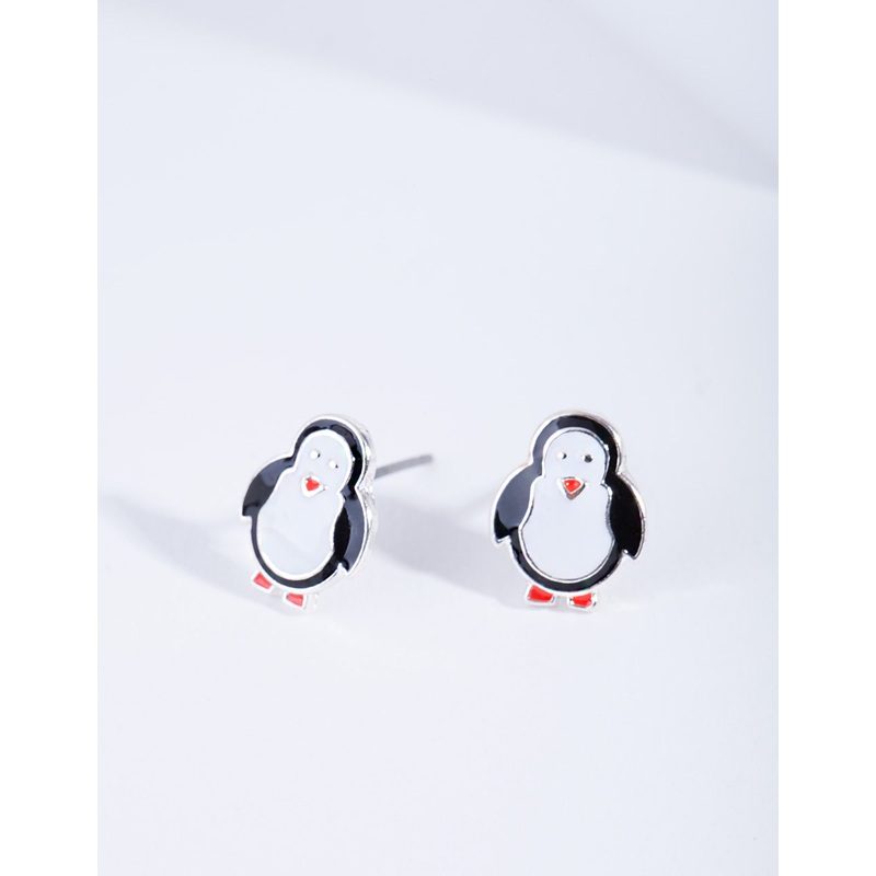Silver Black & White Penguin Stud Earrings