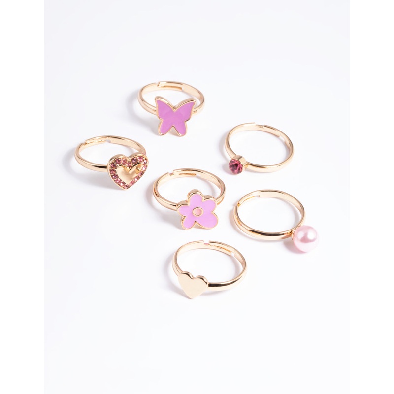 Kids Gold Daisy Diamante Heart Rings 6-Pack