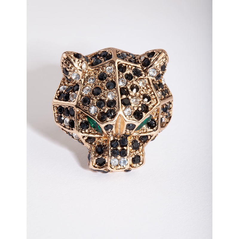 Antique Gold Green Diamante Leopard Ring