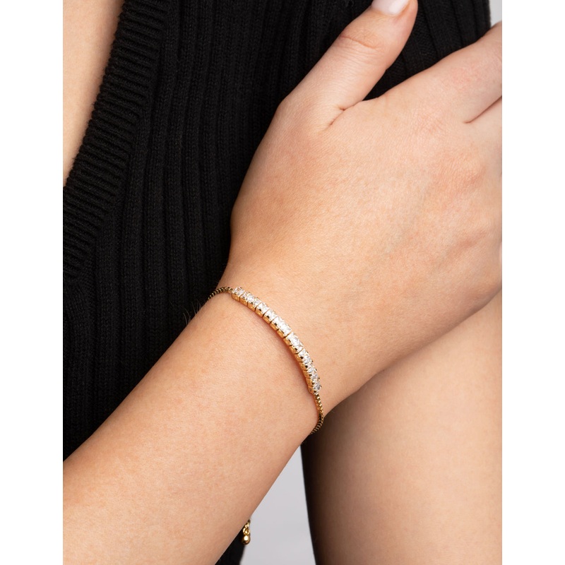 Gold Plated Cubic Zirconia Box Chain Toggle Tennis Bracelet