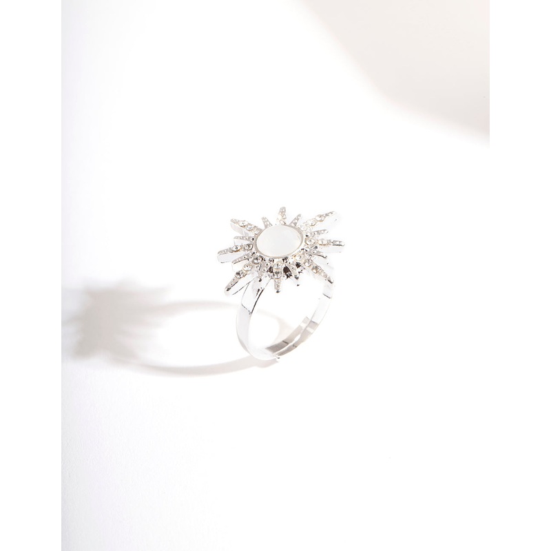 Silver Synthetic Opal Starburt Diamante Ring