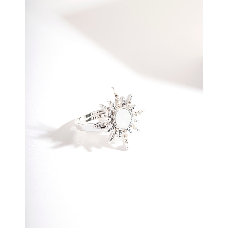 Silver Synthetic Opal Starburt Diamante Ring