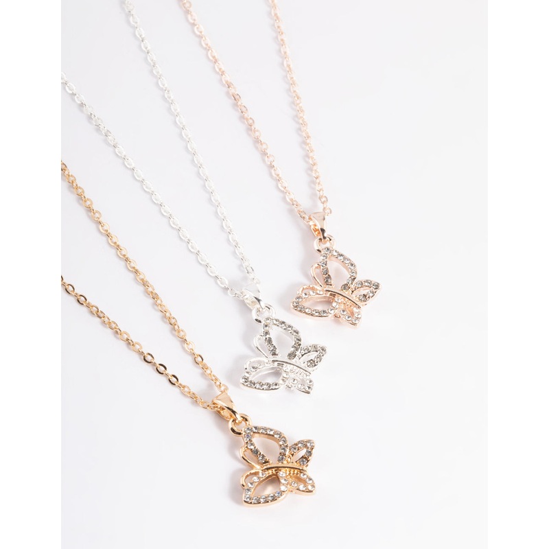 Mixed Metal Diamante Butterfly Necklace Pack