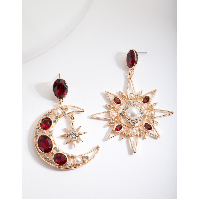 Red Star & Moon Drop Earrings
